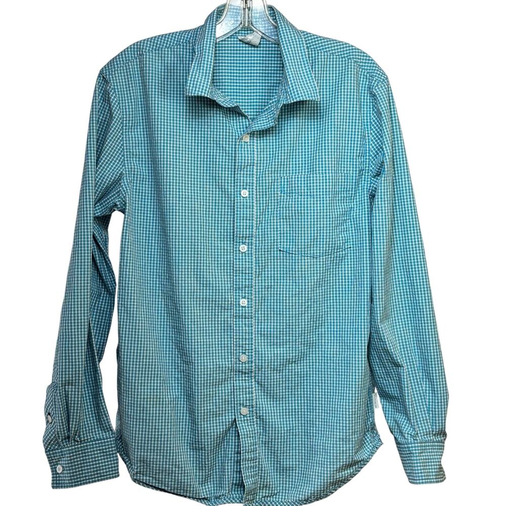 Kirra Women's Medium Button Front Plaid Western Shirt Aqua Blue White Cotton L/S
